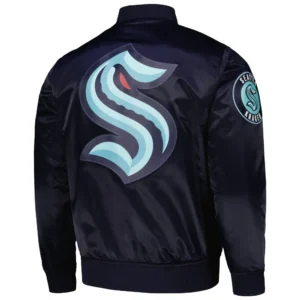 Seattle Kraken Pro Standard Classic Deep Sea Blue Full Snap Navy Satin Varsity Jacket 2