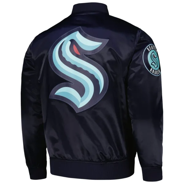 Seattle Kraken Pro Standard Classic Deep Sea Blue Full Snap Navy Satin Varsity Jacket 2