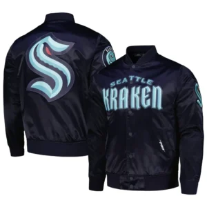 Seattle Kraken Pro Standard Classic Deep Sea Blue Full Snap Navy Satin Varsity Jacket 3