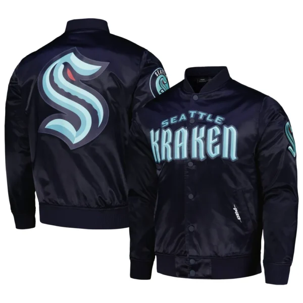 Seattle Kraken Pro Standard Classic Deep Sea Blue Full Snap Navy Satin Varsity Jacket 3