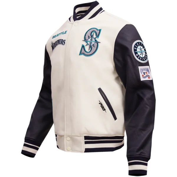 Seattle Mariners Baseball Team Players CreamBlack Wool Leather Varsity Jacket 2
