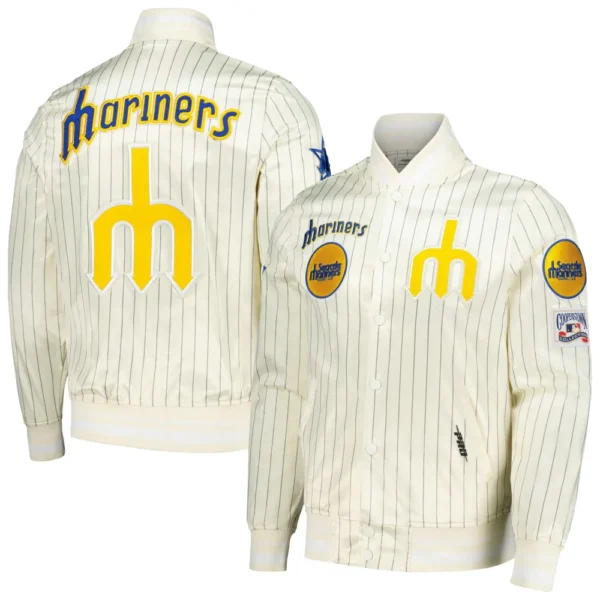 Seattle Mariners Pro Standard Cooperstown Pinstripe Full Snap Satin Varsity Cream Jacket 3