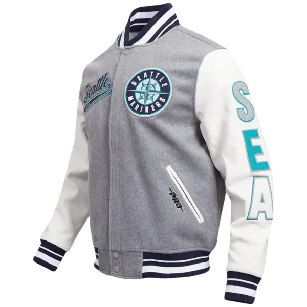 Seattle Mariners Pro Standard Script Tail Heather GrayWhite Wool Leather Varsity Jacket 1