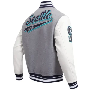 Seattle Mariners Pro Standard Script Tail Heather GrayWhite Wool Leather Varsity Jacket 2