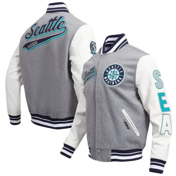 Seattle Mariners Pro Standard Script Tail Heather GrayWhite Wool Leather Varsity Jacket 3