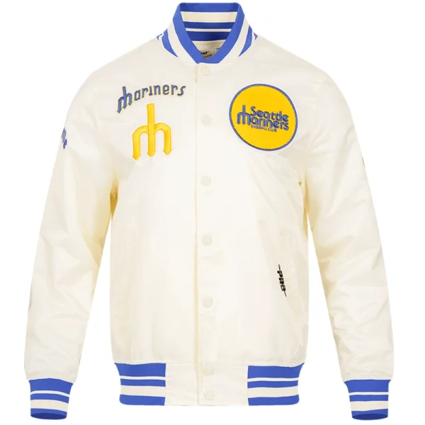 Seattle Mariners Retro Classic Ribbed Knitted Full Snap Satin Varsity Cream Jacket 1