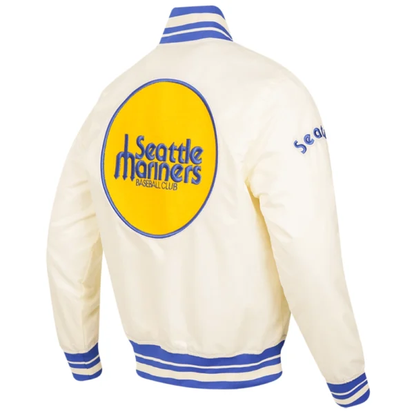 Seattle Mariners Retro Classic Ribbed Knitted Full Snap Satin Varsity Cream Jacket 2