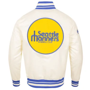 Seattle Mariners Retro Classic Ribbed Knitted Full Snap Satin Varsity Cream Jacket 3