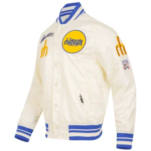 Seattle Mariners Retro Classic Ribbed Knitted Full Snap Satin Varsity Cream Jacket 4