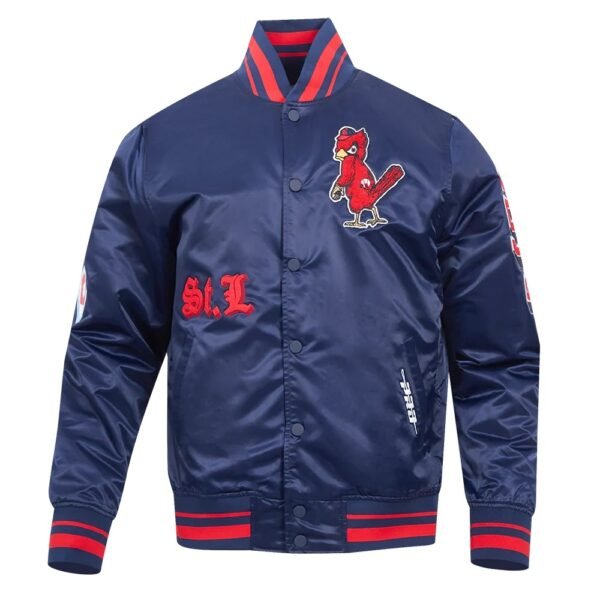 St. Louis Cardinals Pro Standard Old English Full Snap Navy Satin Varsity Jacket 1
