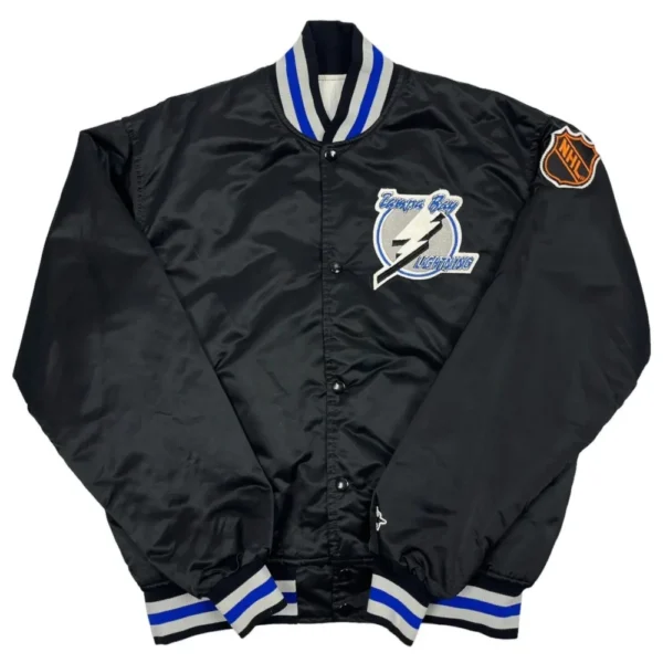 Tampa Bay Lightning Starter Black Full Snap Satin Varsity Jacket 1