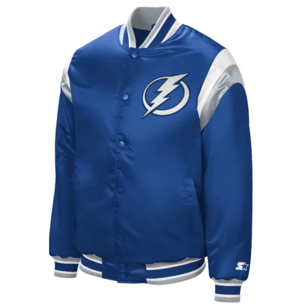 Tampa Bay Lightning Starter Shut Out Full Snap Blue Satin Varsity Jacket 1
