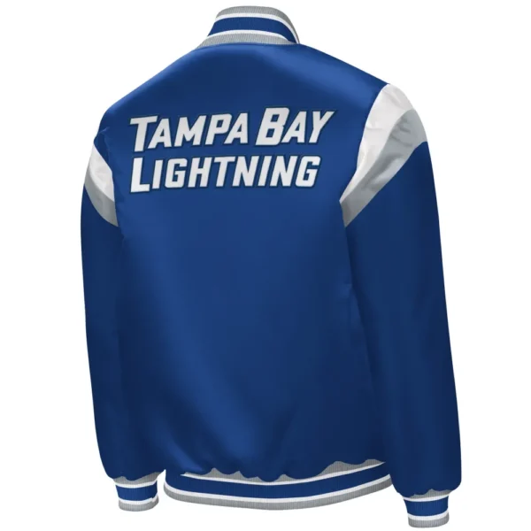Tampa Bay Lightning Starter Shut Out Full Snap Blue Satin Varsity Jacket 2