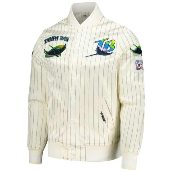 Tampa Bay Rays Pro Standard Cooperstown Pinstripe Full Snap Satin Varsity Cream Jacket 1