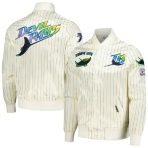 Tampa Bay Rays Pro Standard Cooperstown Pinstripe Full Snap Satin Varsity Cream Jacket 3