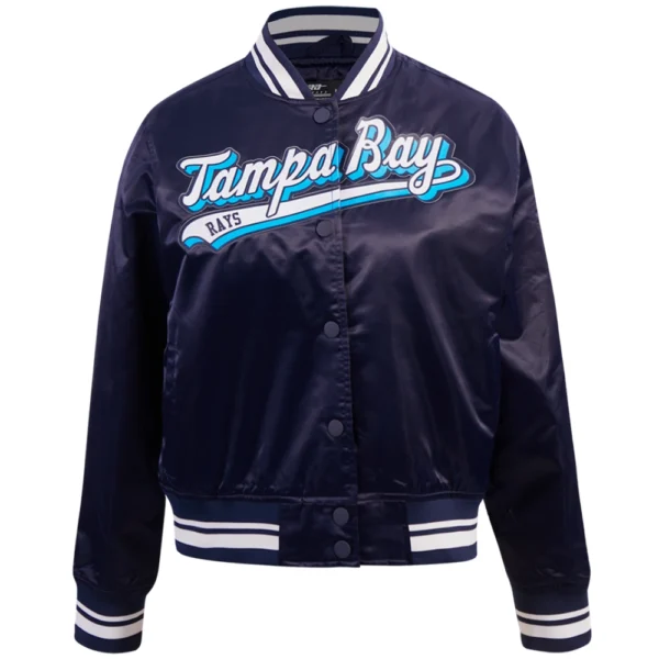 Tampa Bay Rays Womens Pro Standard Script Tail Full Snap Satin Varsity Navy Jacket 1