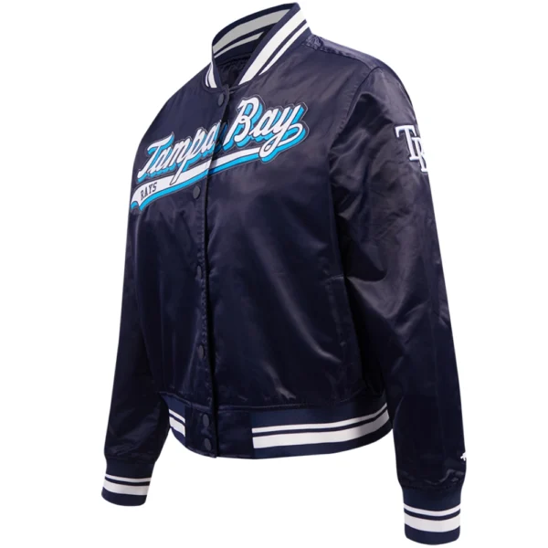 Tampa Bay Rays Womens Pro Standard Script Tail Full Snap Satin Varsity Navy Jacket 2