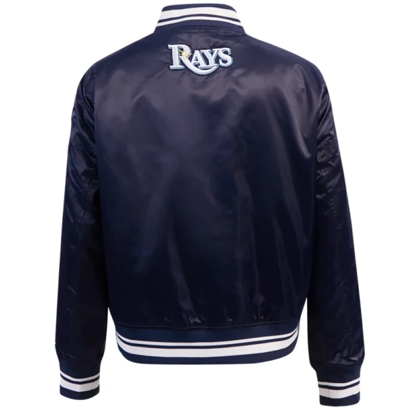 Tampa Bay Rays Womens Pro Standard Script Tail Full Snap Satin Varsity Navy Jacket 3