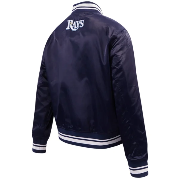 Tampa Bay Rays Womens Pro Standard Script Tail Full Snap Satin Varsity Navy Jacket 4
