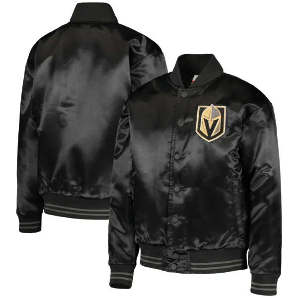 Vegas Golden Knights Black Gifted Goalie Full Snap Satin Varsity Black Jacket 3