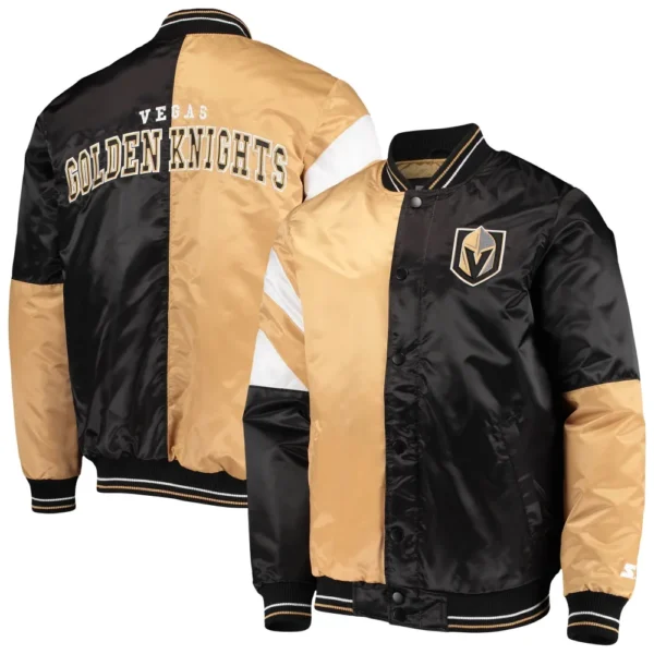 Vegas Golden Knights Starter The Leader Black Golden Full Snap Satin Varsity Jacket 3