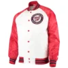Washington Nationals Starter Clean Up Hitter White Red Full Snap Satin Varsity Jacket 1