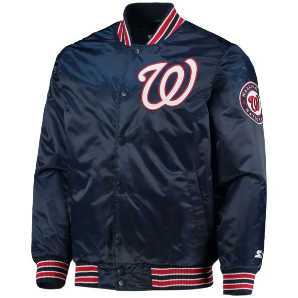 Washington Nationals Starter The Diamond Navy Full Snap Satin Varsity Jacket 1