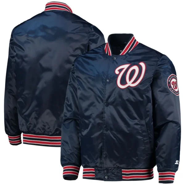 Washington Nationals Starter The Diamond Navy Full Snap Satin Varsity Jacket 3