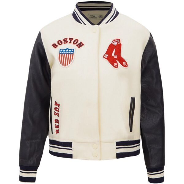 Womens Boston Red Sox Baseball Team Players CreamBlack Wool Leather Varsity Jacket 1
