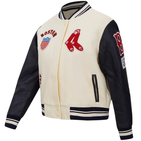 Womens Boston Red Sox Baseball Team Players CreamBlack Wool Leather Varsity Jacket 2