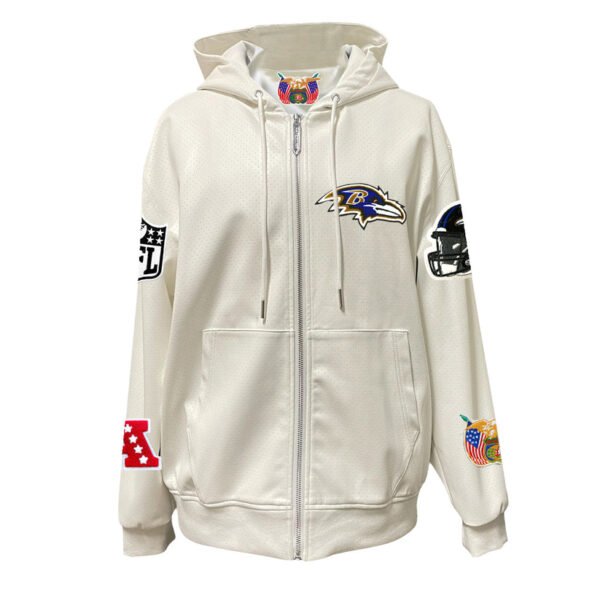 Baltimore Ravens NFL Lightweight Zip up White Leather Hooded Jacket 1