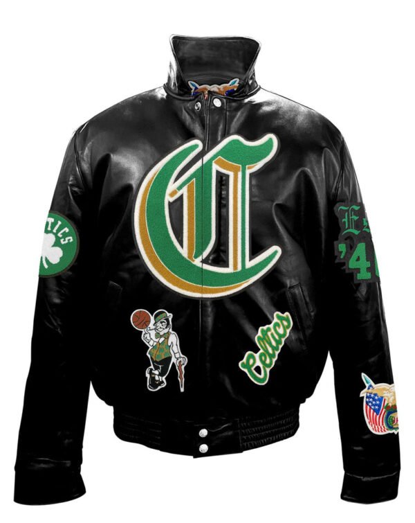 Boston Celtics Jeff Hamilton NBA Puffer Old English Full Black Leather Jacket 2