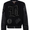 Brooklyn Nets NBA Old English BlackBlack Wool Leather Letterman Varsity Jacket 1