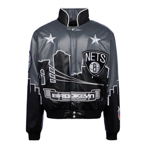 Brooklyn Nets Skyline Jeff Hamilton NBA Black Gray Leather Jacket 1