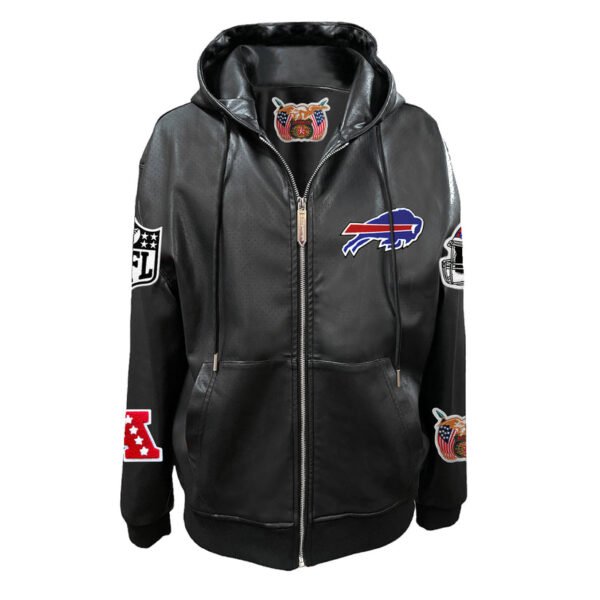 Buffalo Bills NFL Lightweight Zip up Black Leather Hooded Jacket 1