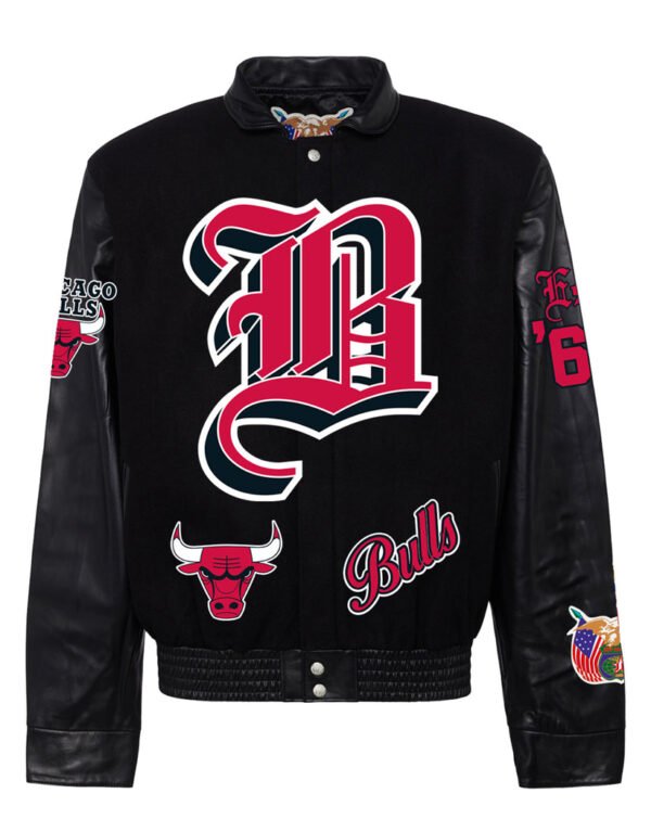Chicago Bulls NBA Jeff Hamilton Old English Black Wool Leather Letterman Varsity Jacket 1