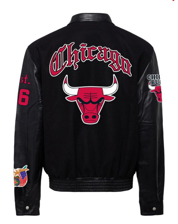 Chicago Bulls NBA Jeff Hamilton Old English Black Wool Leather Letterman Varsity Jacket 2