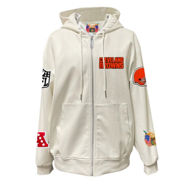 Cleveland Browns NFL Lightweight Zip up White Leather Hooded Jacket 1