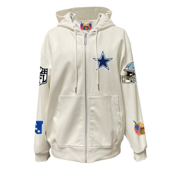 Dallas Cowboys Lightweight NFL Lightweight Zip up White Leather Hooded Jacket 1