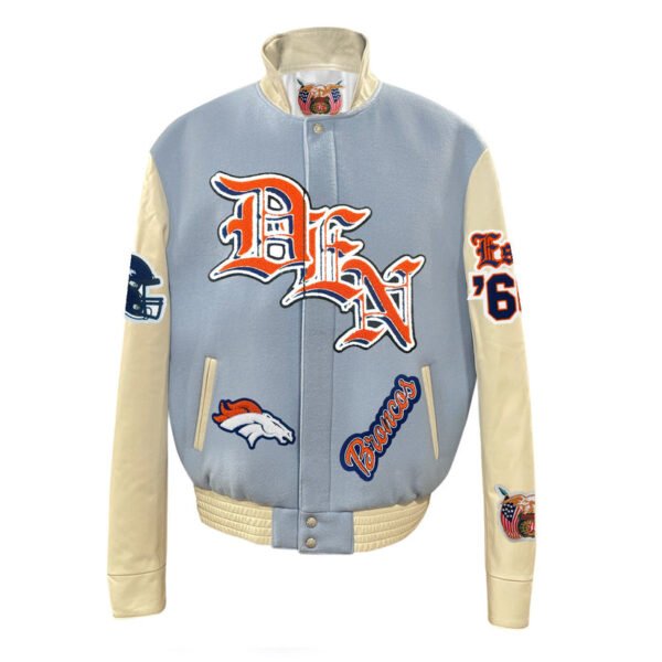 Denver Broncos NFL Baby Blue Wool Leather Old English Letterman Varsity Jacket 2