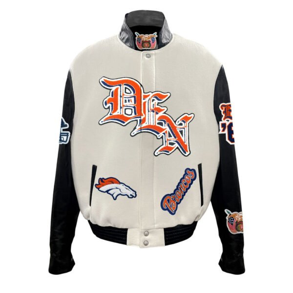 Denver Broncos NFL Off WhiteBlack Wool Leather Letterman Varsity Jacket 2