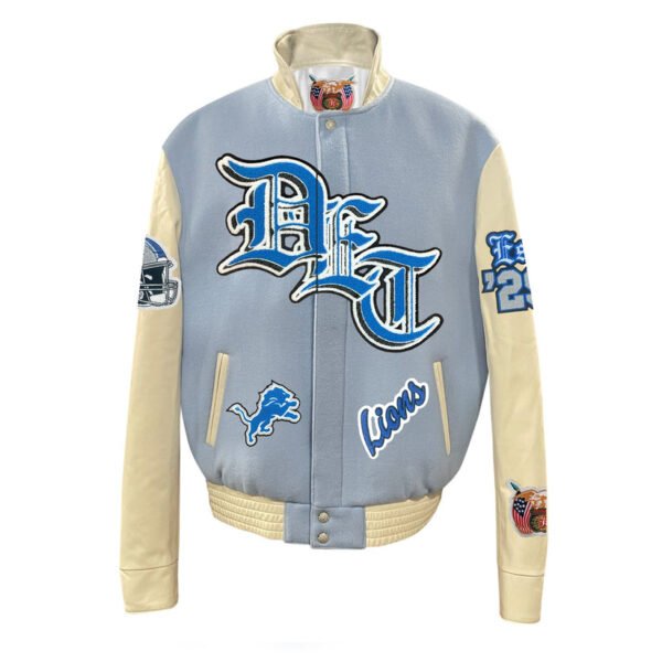 Detroit Lions NFL Baby Blue Wool Leather Old English Letterman Varsity Jacket 2