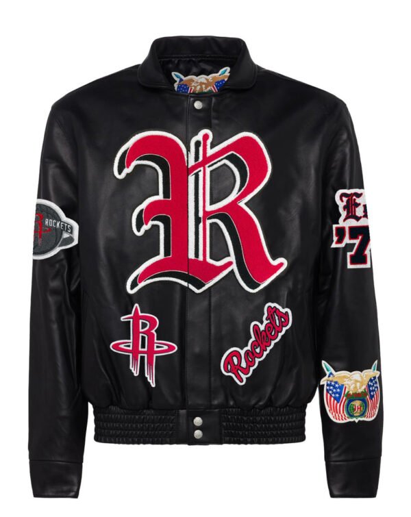 Houston Rockets NBA Jeff Hamilton Old English Black Leather Jacket 2