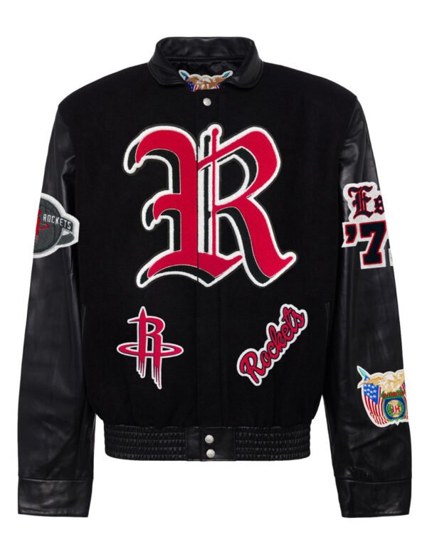 Houston Rockets NBA Jeff Hamilton Old English Black Wool Leather Letterman Varsity