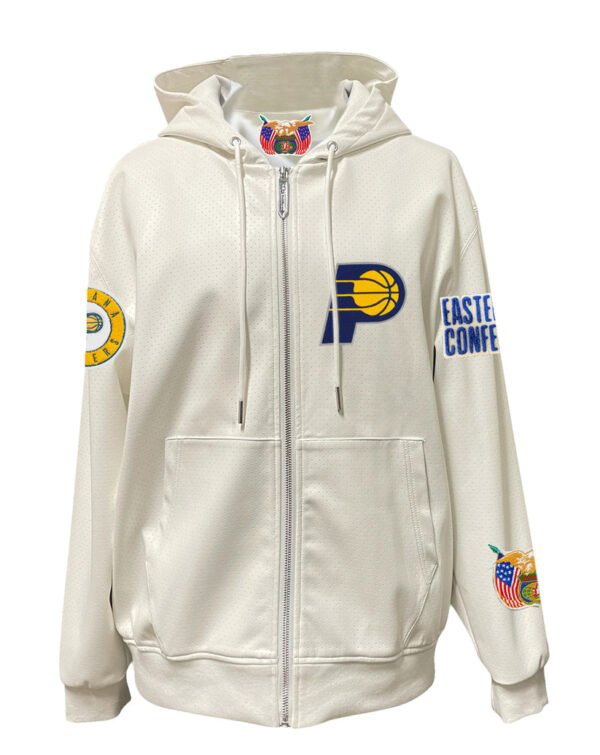 Indiana Pacers NBA Lightweight Zip up White Leather Hooded Jacket 1