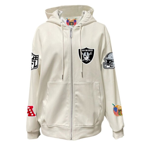 Las Vegas Raiders NFL Lightweight Zip up White Leather Hooded Jacket 1