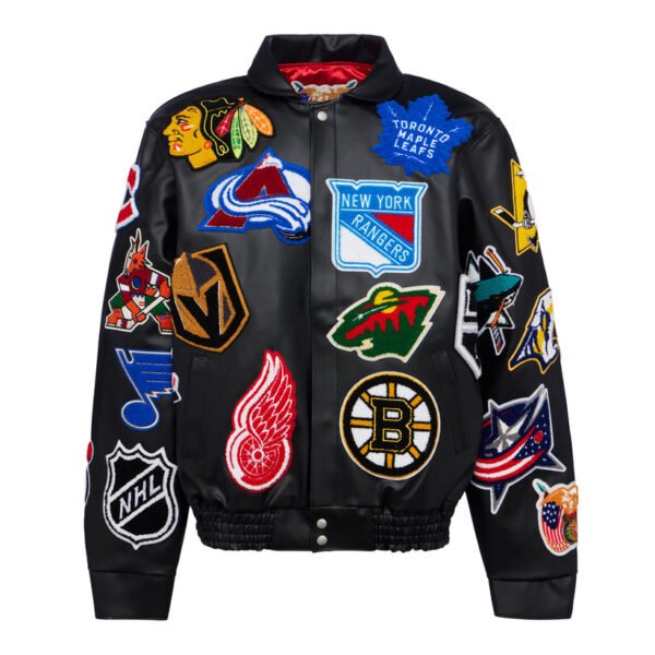 Limited Edition NHL Collage Black Leather Varsity Jacket 1