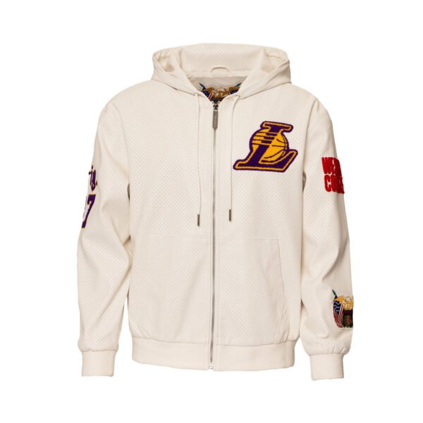 Los Angeles Lakers 1947 NBA Lightweight Zip up White Leather Hooded Jacket 3