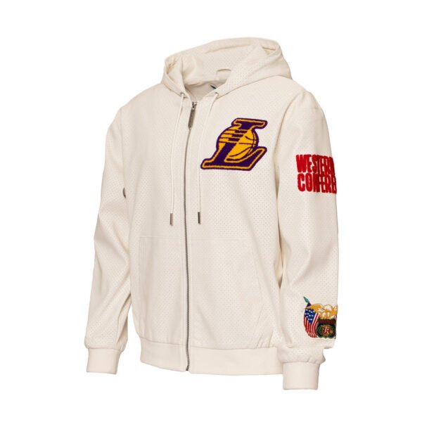 Los Angeles Lakers 1947 NBA Lightweight Zip up White Leather Hooded Jacket 4