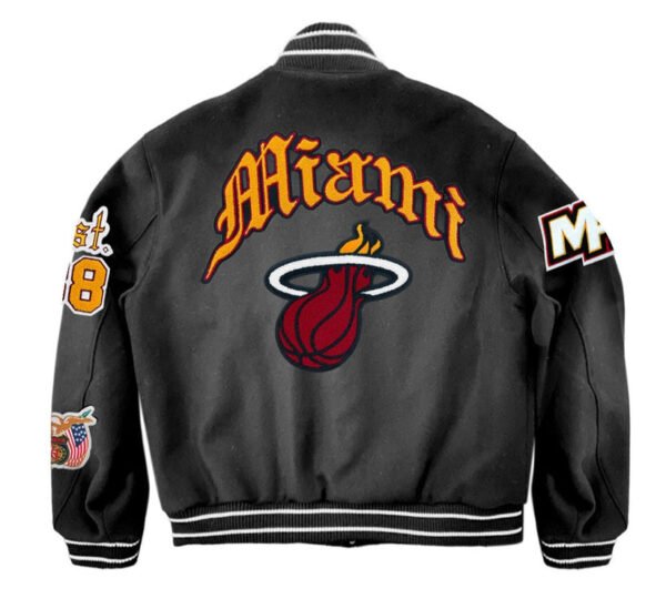 Miami Heat NBA Jeff Hamilton Wool Varsity Old English Black Jacket 1